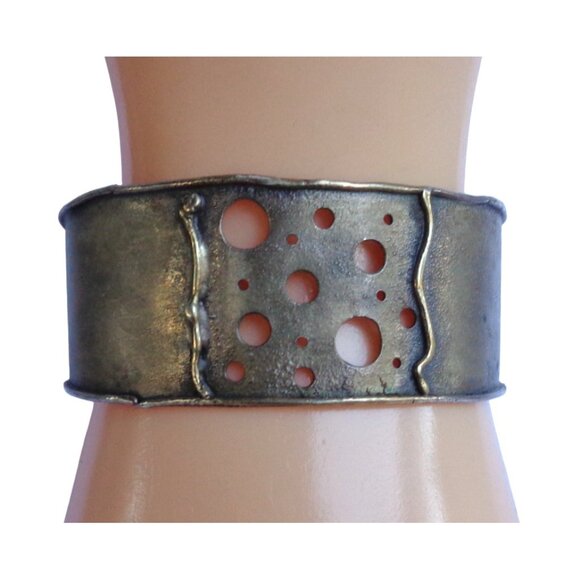 Signed SJ Blackened Gold 925 Cuff Bracelet Modernist Cutout Holes Polkadot Edgy - Picture 1 of 7